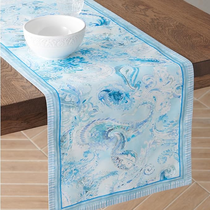 Maison d' Hermine Tablerunner 100% Combed Cotton Premium 14.50 Inch x 108 Inch Decorative Table Runner Table Runners, Dining, Buffet Party & Wedding, Paisley Blues (Double Layer)