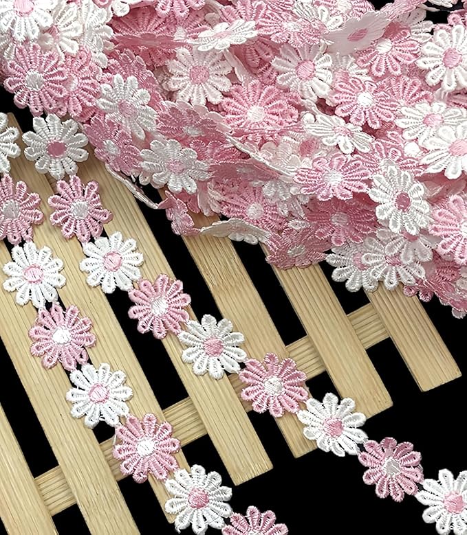15 Yards Daisy Flower Lace Trim Embroidered Floral Lace Sewing Trim Ribbons for Embellishment Craft Dress Hair Accessories Decorations(White/Pink)