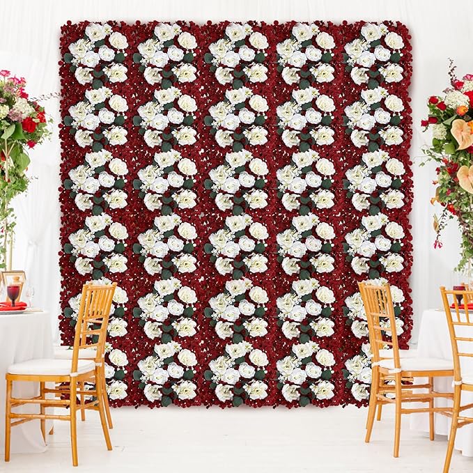 Pack of 6 Artificial Silk Flower Panels, Faux Floral Wall Background for Wedding Party Engagement Bridal Shower Arrangement Home Decorations - Burgundy & White