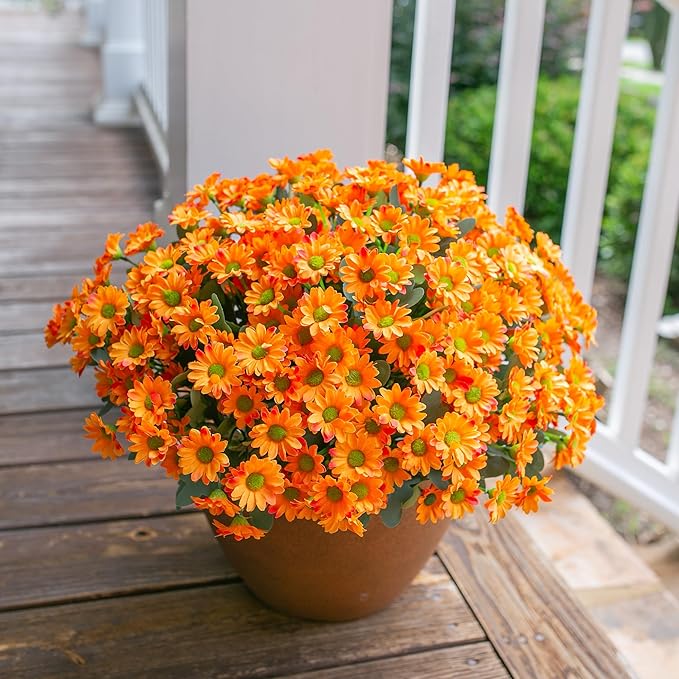 Daisy Artificial Flowers for Outdoors Winter Decoration, 6 Bundles Fake Mums Orange Silk Flowers for Outside Look Real UV Resistant Fake Plants Faux Flowers for Planter Front Door Home Indoor Urn