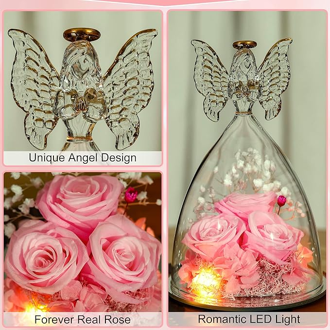 Mothers Day Mom Gifts for Women Preserved Flowers in Glass Angel Forever Flowers for Delivery Prime Eternal Roses Gifts for Grandma, Peach Pink