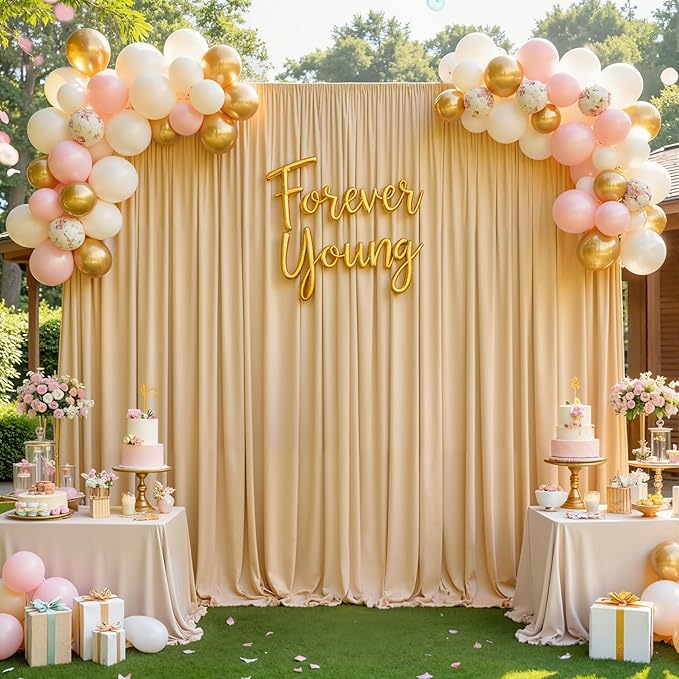 gogoparti 20ft x 12ft Beige Wrinkle-Free Backdrop Curtain for Wedding Parties, Thick Polyester 4 Panels 5x12ft for Wedding Birthday Baby Shower Halloween Photography Party Background