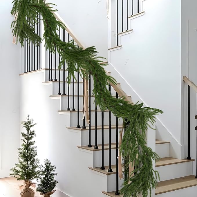 Hananona 4 Pcs 9 Ft Artificial Norfolk Pine Garlands, Real Touch Winter Pine Garland, Green Artificial Greenery Garland for Table, Mantle, Wall, Indoor, Outdoor Christmas Decorations (4, 9 Ft)