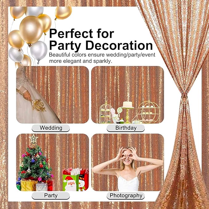 Rose Gold Sequin Backdrop Curtains Glitter Drapes 2FTx8FT 4 Panels for Wedding Birthday Party Decorations Bridal Baby Shower Party Supplies Sparkly Photography Background