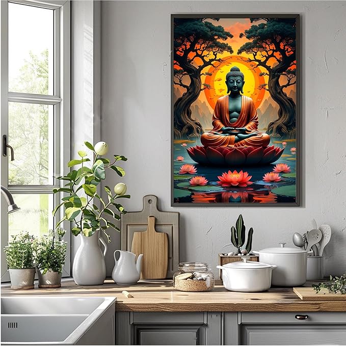 Canvas wall art Golden Buddha on lotus at sunset Ancient trees with reflections on water Serene meditation scene Uplifting wall art for mindfulness and tranquil home decor 12x18in Metal blackFramed