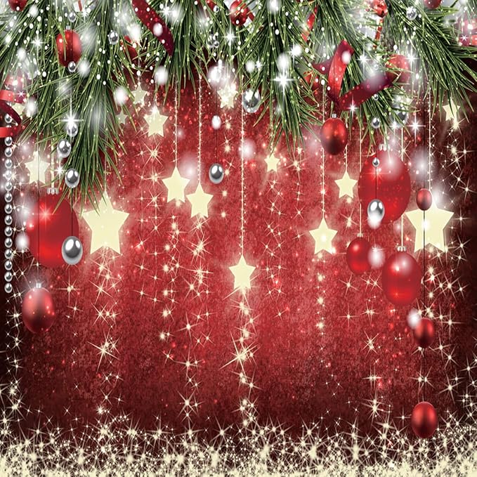 SJOLOON Christmas Backdrops Red Ball Theme Background Shining Stars Background New Year Backdrop for Christmas Party Decoration Banner Photo Shoot 12364 (8x8FT)
