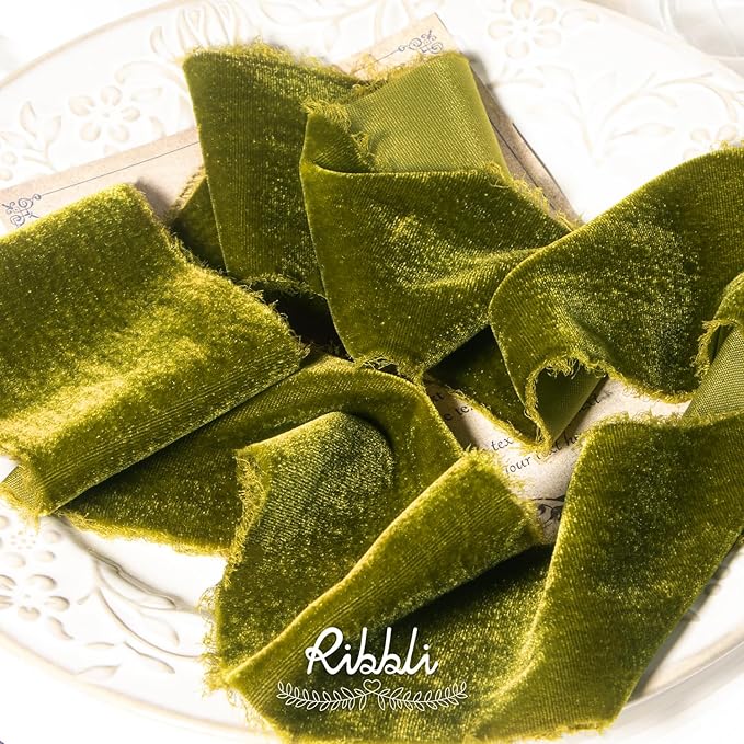 Ribbli Moss Green Velvet Ribbon 3 Inch Handmade Frayed Vintage Christmas Ribbon for Gift Wrapping Christmas Tree Ornament Wreath Craft Home Decor -3 Yards