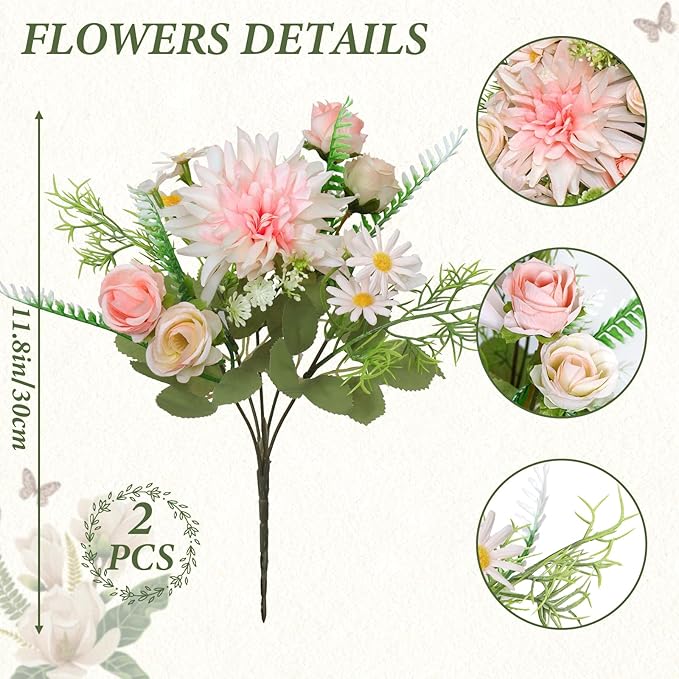 2PCS Artificial Flowers Dahlia Bouquet Fake Flowers Pink Silk Roses Daisies Faux Floral Arrangements for Dining Table Centerpieces for Kitchen Bridal Bouquet Wedding Party Home Decor
