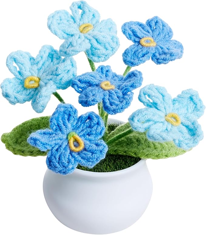 Crochet Flowers Cute Handmade Knitted Potted Gradient Blue Forget Me Not Flower for Women Coworkers Teacher Birthday Anniversary Decor for Home Room Office Desk Accessories