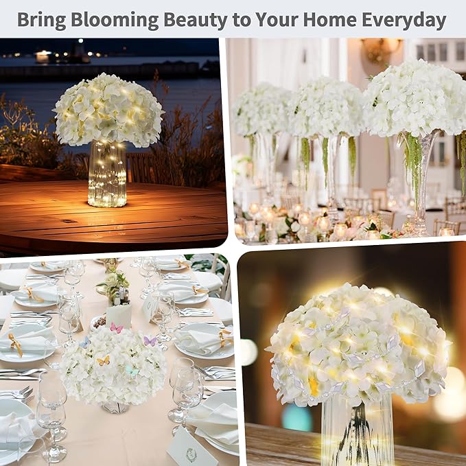 64PCS Artificial Hydrangea Flowers with Stems, Silk Hydrangea Heads with LED Decorative Lights, Crystal Strings & Butterfly Accents for Wedding Centerpieces and Home Decor(64, Ivory)