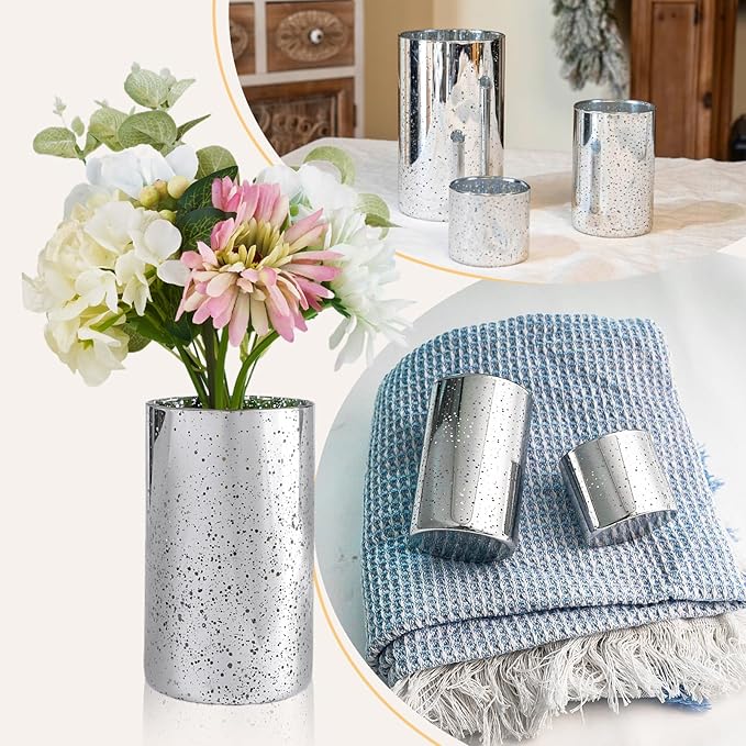 CHILL RECIPE Silver Cylinder Vases Glass Candle Holders Bulk, Mercury Hurricane Candle Holder Small Flower Vases for Centerpieces Tea Light Pillar Votive Candles Wedding Decor Party (8 Set 24Pcs)