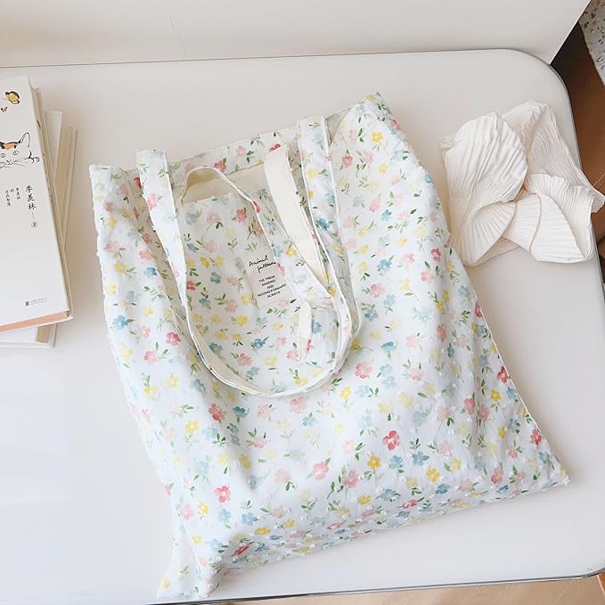 Cotton Canvas Tote Bag Reusable Soft Grocery Cloth Bag Floral Shoulder Bag for Beach Travel Shopping