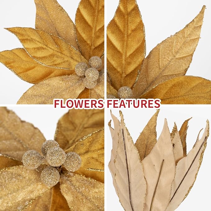 Hollyone 3PCS Poinsettia Christmas Flowers Artificial 11" Large Velvet Gold Glitter Poinsettia Flowers Christmas Tree Ornaments Floral Picks for Tree Wreath Garland Vase Table Centerpiece Home Decor