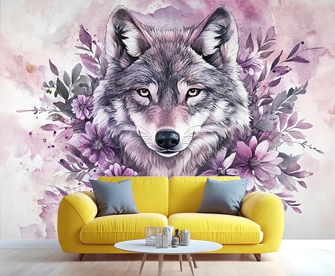 Wolf with Floral Watercolor Wall Mural, Purple Wolf Watercolor Art 3D Wall Murals, Art Flower Painting Wallpaper Mural, for Living Room Bedroom Large Wallpaper Indoor Decor 197" W x124.8 H