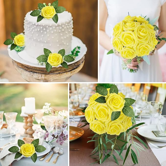 AmyHomie Artificial Flower Yellow Rose 25pcs Real Looking Fake Roses w/Stem for DIY Wedding Bouquets Centerpieces Arrangements Party Baby Shower Valentines Day Christmas Tree Decorations