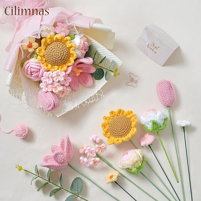 Cilimnas Crochet Flower Bouquet,Pink Knitted Flowers, Handmade Sunflowers Tulips Roses Bouquet for Birthday Anniversary Party Mother's Day Graduation Gifts