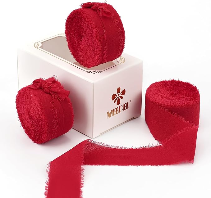 MEEDEE Red Chiffon Ribbon 1 Inch Frayed Ribbons Chiffon Silk Red Fringe Ribbons Thin Chiffon Ribbon for Crafts, Gift Wrapping, Wedding Invitation (3 Rolls 21 Yards)