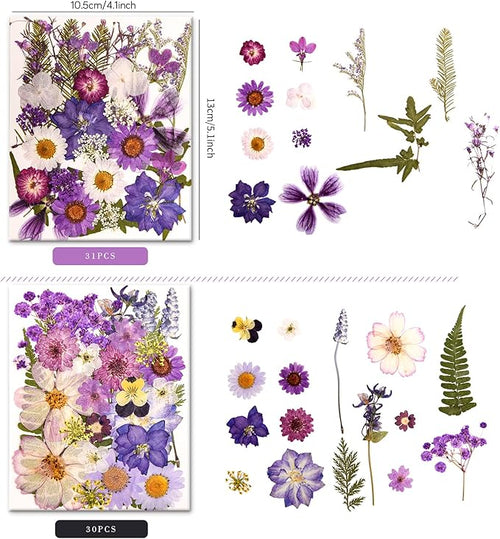 140 PCS Purple Real Pressed Dried Flowers and Leaves with Butterfly Stickers & Tweezers – Natural Dried Flowers for Resin, Candle, Jewelry, Scrapbooking & DIY Crafts (Purple 140)