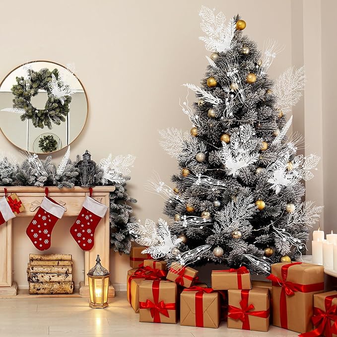 30 Pcs Artificial Christmas Tree Picks and Sprays Glitter Berry Stem Branches Holly Floral Picks Twigs Christmas Tree Ornaments for DIY Xmas Wreath Vase Filler Decorations(White)