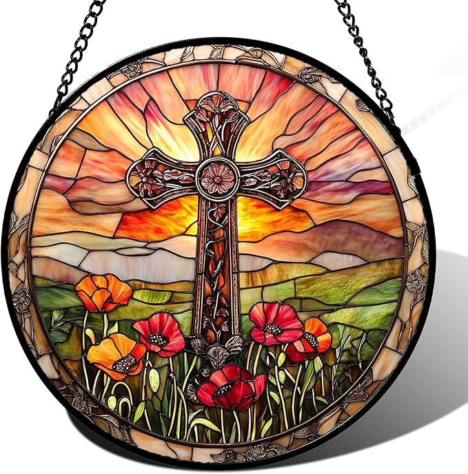 Christian Gifts for Women - Cross Stained Glass Window Hanging Jesus Easter Poppy Sunset Landscape Sun Catcher Garden Religion Decor Mother's Day Catholic Gift for Men Grandma Mom Her 11.8"
