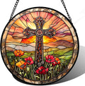 Christian Gifts for Women - Cross Stained Glass Window Hanging Jesus Easter Poppy Sunset Landscape Sun Catcher Garden Religion Decor Mother's Day Catholic Gift for Men Grandma Mom Her 15"