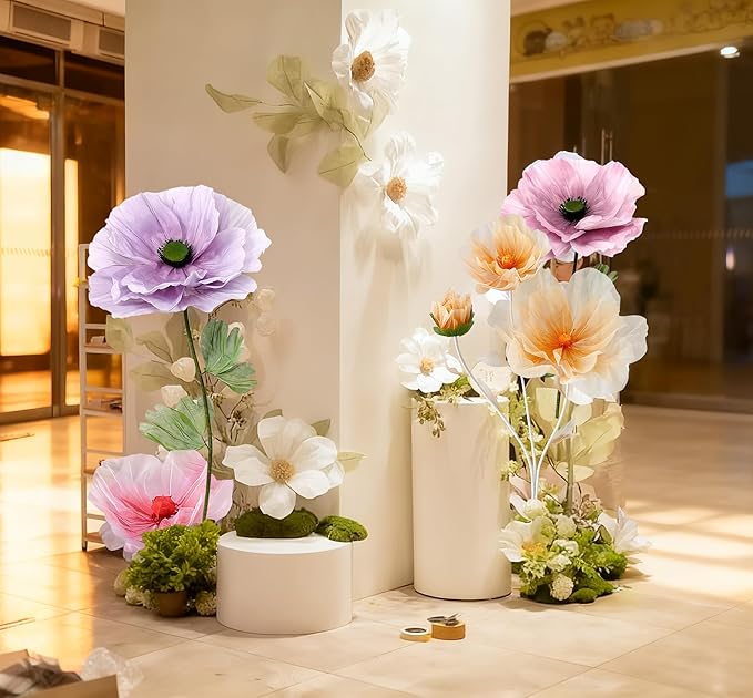 Giant Artificial Flowers 1pack Fake Flowers for Decoration, Fabric Poppy Flower for Wedding Birthday Easter Party Mother's Day Banquet Photography Props Garden Shop Window Display Decor (Light Purple)