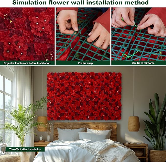 Artificial Flower Wall Backdrop 16pcs 16.5x16.5 Inch 3D Silk Rose Floral Wall Panel Ideal for Wedding Celebrations, Festive Party Birthday Backdrops and Elegant Home Decor-Red