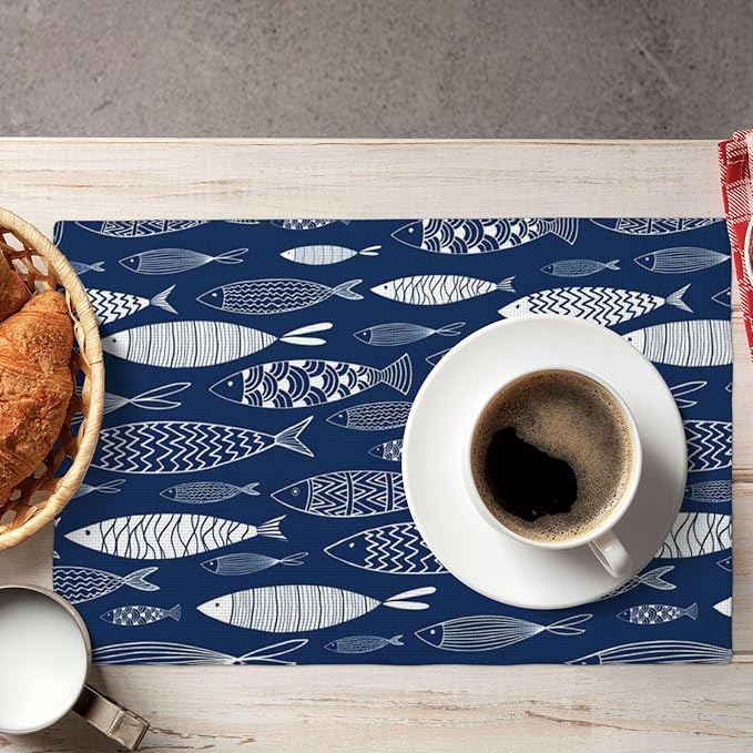 Japanese Fish Placemats Set of 4, Blue Fishing Country Double-Sided Table Mats for Kitchen Dining Room Home Party Indoor Decor 4 PCS 12x18 Inch