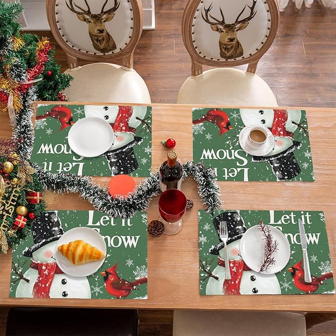 Let It Snow Placemats Set of 4,Christmas Snowman Placemats for Dining Table,Heat Resistant Stain Resistant Wipeable Table Mats for Kitchen Dining Holiday Party Home Decor,12x18 Inch