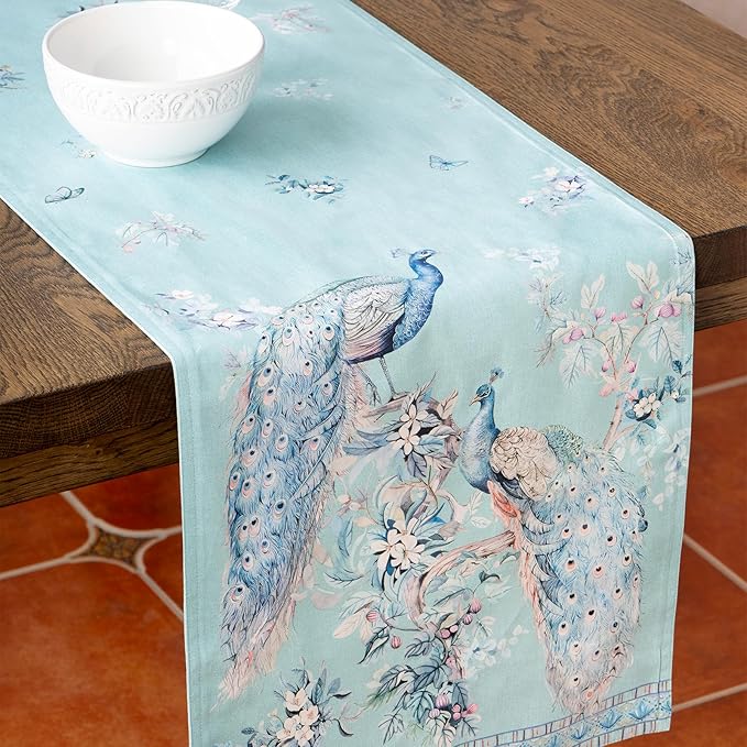 Maison d' Hermine Tablerunners 100% Combed Cotton Premium Table Runner Decorative Table Cover, Kitchen, Parties, Peacock Utopia - Pastel Turquoise, Double Layer - (14.5"x108")