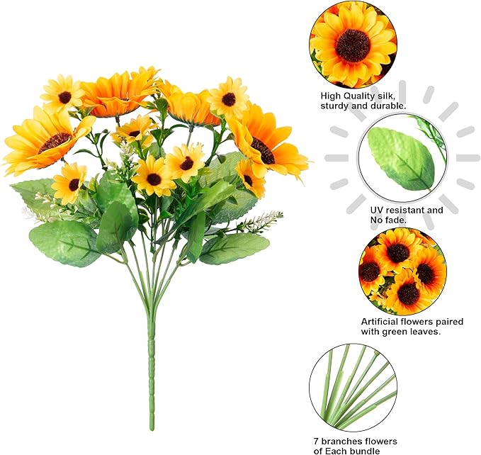 Sunflowers Artificial Flowers, 10 Bunches Fake Sunflower Artificial Flowers for Outdoors Spring Summer Decoration Look Real UV Resistant Fake Flowers for Home Porch Garden Wedding Party Office Indoor