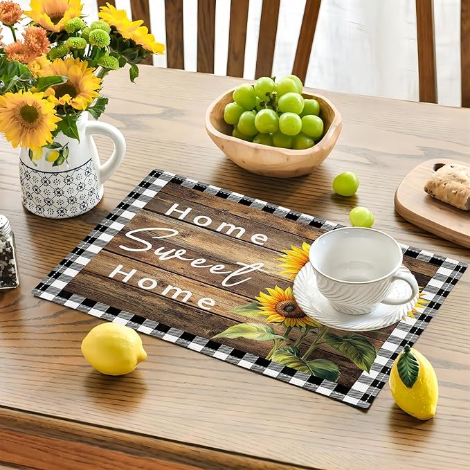 Farmhouse Sunflower Placemats Set of 6, Home Sweet Home Place Mats, Rustic Dining Table Mats, Washable Placemats for Kitchen Dining Room Home Decor 18L'' × 12W''