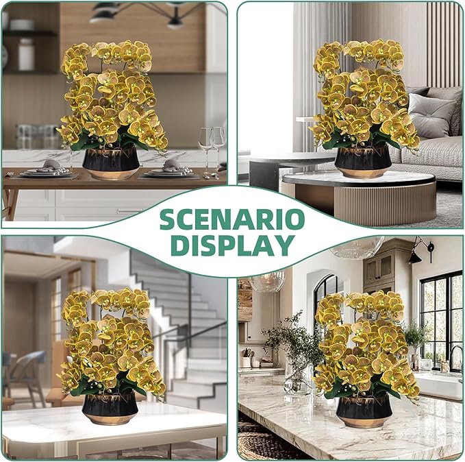 CXGS Orchids Artificial Flower Real Touch Faux Orchid in Large Ceramic Vase 23.6'' Realistic YellowSpots Fake Phalaenopsis Floral Arrangements Centerpiece Table Home Indoor Decor
