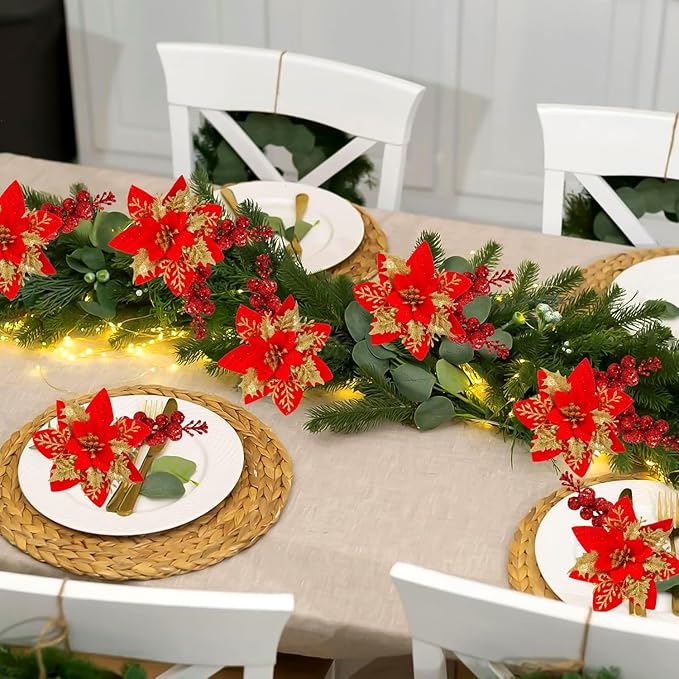 50pcs Glitter Poinsettia Christmas Ornaments, Artificial Flowers with Clips Stems for DIY Wreath Making, Holiday Home Party Decorations, Indoor Use (Red)
