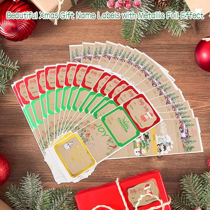 Jumbo Christmas Name Tags Stickers 120 Pack/8 Designs -Gift Tag with Reflective Metallic Foil for Christmas Presents (Vintage Brown)