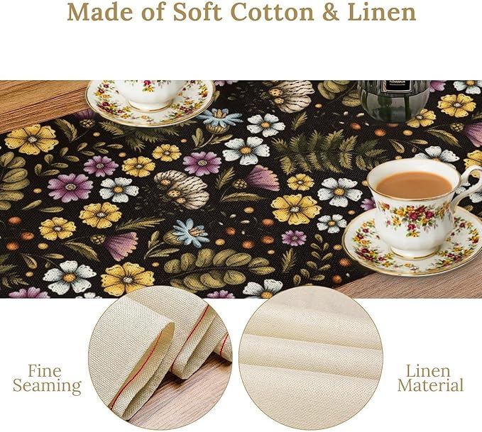 Vintage Flower Table Runner, Rustic Farmhouse Colourful Botanical Flowers Fern Print Kitchen Dining Table Decor Seasonal Home Decoration Indoor Outdoor Party, 13x60inch