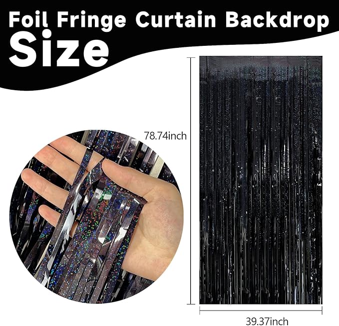 5 Pack Black Photo Backdrop Party Streamers Metallic Tinsel Curtains for Birthday Halloween Decor Bachelorette Wednesday Wizard Party