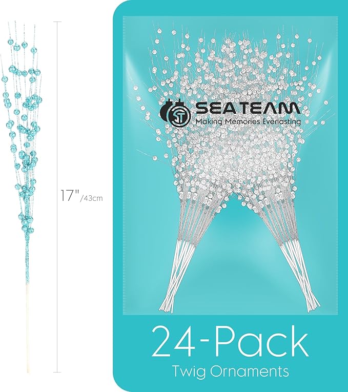 Sea Team 24-Pack Artificial Glitter Berry Stem Ornaments, Decorative Bead Sticks, Glittery Twigs, Picks, Branches for Christmas Tree, Small Vase, Holiday, Wedding, Party (17 Inches, Turquoise)