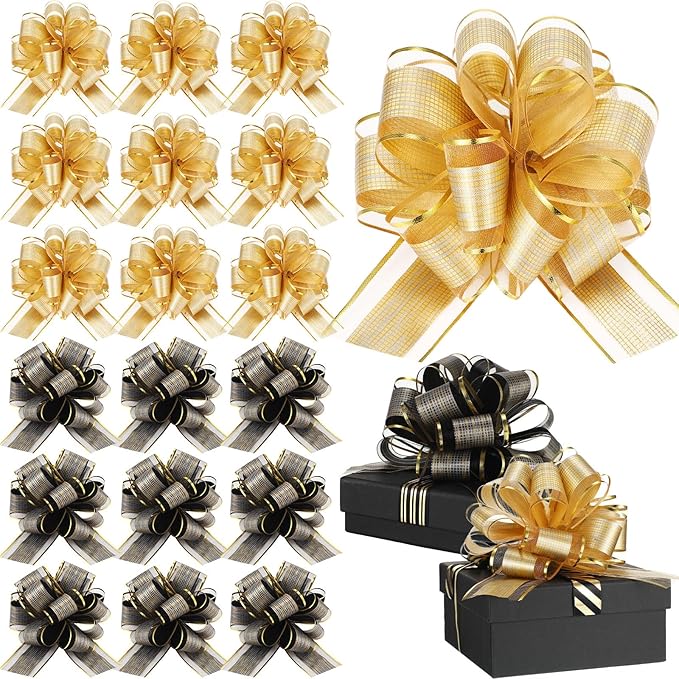 WILLBOND 20 Pieces 6 Inch Pull Bows Gift Wrapping Ribbon Pull Bows for Christmas Wedding Baskets Valentine Multicolor Wrap Accessory for Gift Present Holiday Decor(Black, Gold)