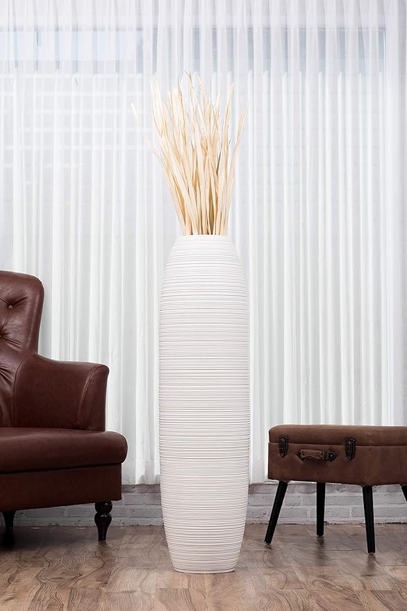 Leewadee Large 41″ Tall Floor Vase, White - Handcrafted Mango Wood for Pampas & Dried Stems