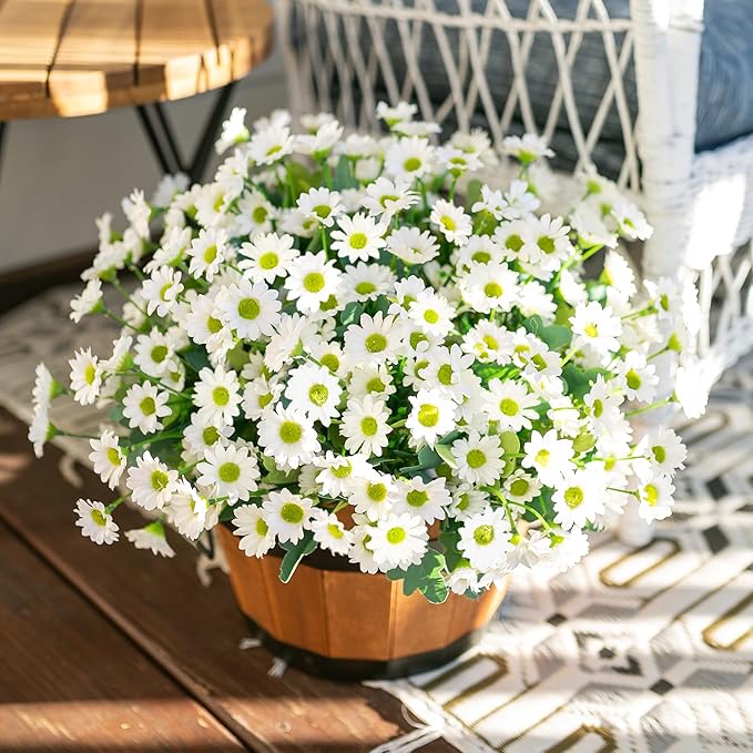 Daisy Artificial Flowers for Outdoors Winter Decoration, 6 Bundles Fake Mums White Silk Flowers for Outside Look Real UV Resistant Faux Flowers Plants for Planter Front Door Home Indoor Porch Urn