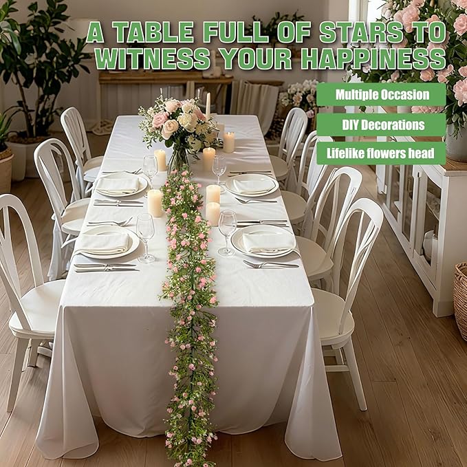 2 Pcs 5.9Ft Artificial Baby's Breath Garland Vine, 162 Branches Real Touch Faux Gypsophila Vines, Pink Fake Hanging Flowers for Wedding Arch, Home Decor, Baby Shower, New Year Party Decoration