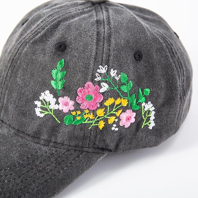 Cute Embroidered Flower Hat, Adjustable Black Cotton Baseball Cap for Women Men, Gifts for Flower Lovers