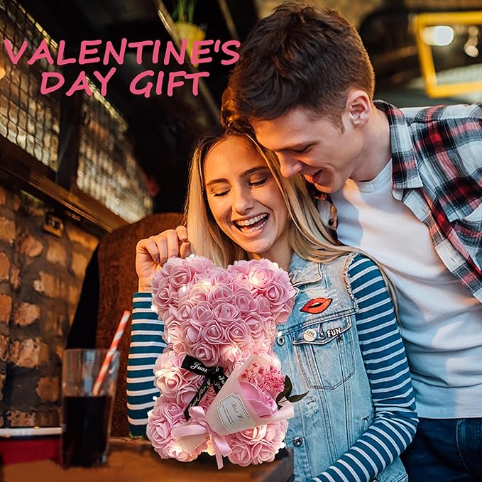 Romantic Valentines Day Gift for Her Rose Artificial Flower Rose Teddy Bear for Wife, Girlfriend Mother Daugther Women. Blind Box for Christmas Birthday Wedding Anniversary (Pink Bear)
