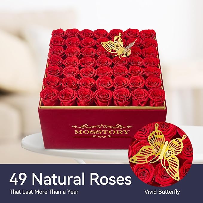 Preserved Roses in a Box 49-Piece Forever Flowers Gifts for Women Wife Mother Day Christmas Anniversary (Red Roses, Square Burgundy Suede Box)