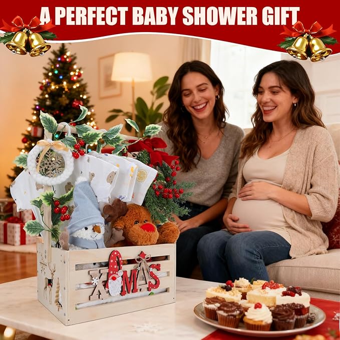 XIANMEI Christmas Wooden Baby Shower Crate Closet, Baby Basket With Artificial Garland Wreath & Accessories - Baby Shower Basket for Newborn Boys Girls, Pregnancy Gifts for New Parents (XMAS)