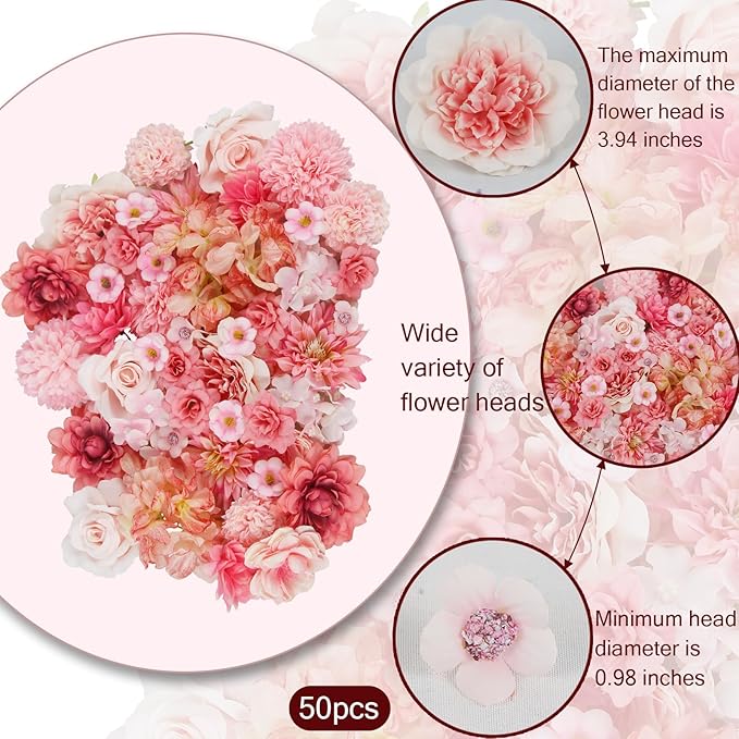 50 Pcs Artificial Flowers Heads Faux Daisy Flower Garland Heads Pink Small Fake Peony Rose Flowers Bulk Mini Silk Daisy Flower for Craft Wedding Party DIY Wreath Graduation Cap Home Decoration