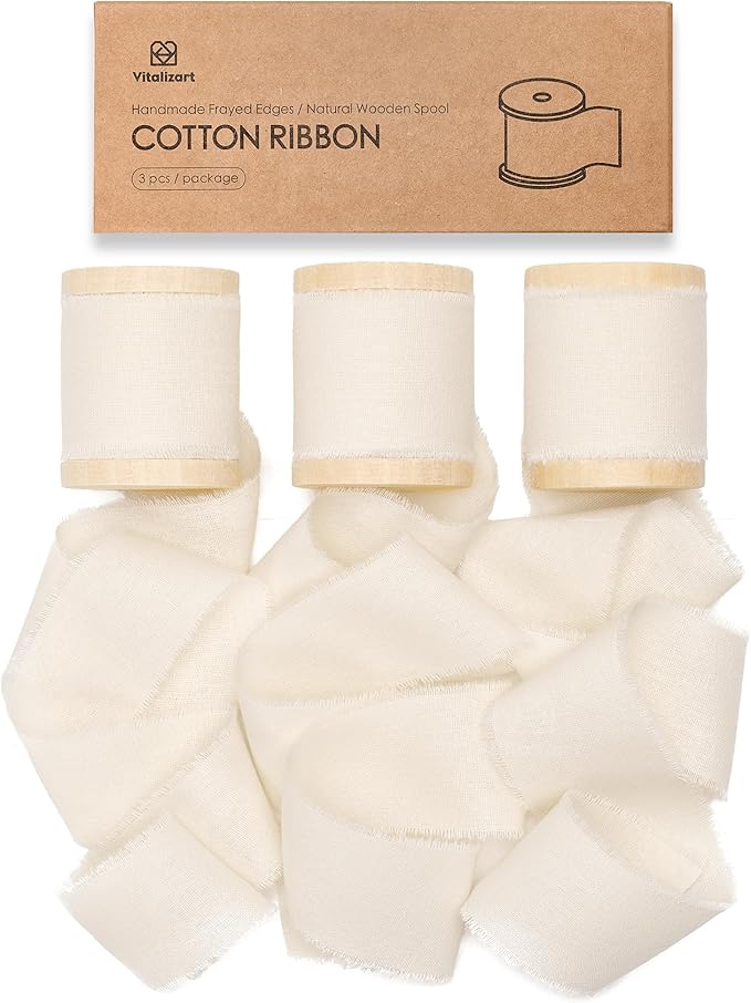 Vitalizart Cream White Ribbon 1-1/2" x 15 Yd 100% Cotton Handmade Frayed Fringe Fabric Ribbons for Gift Wrapping Wedding Invites Bridal Shower Bouquets Christmas Decorations