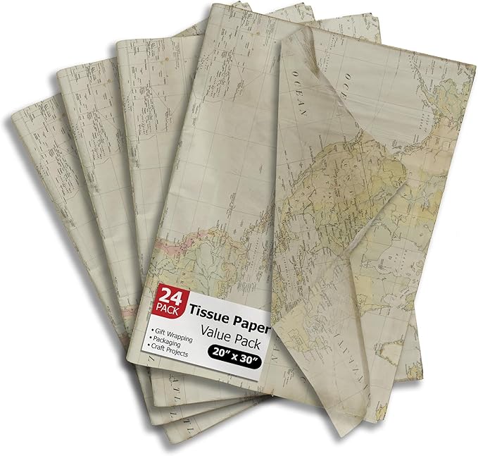 Map Printed Tissue Paper for Gift Bags or Boxes and Wrapping - Traveling Bulk Decorative Art Tissue Paper for Packaging and Gifting | 24 Sheets 20" x 30"
