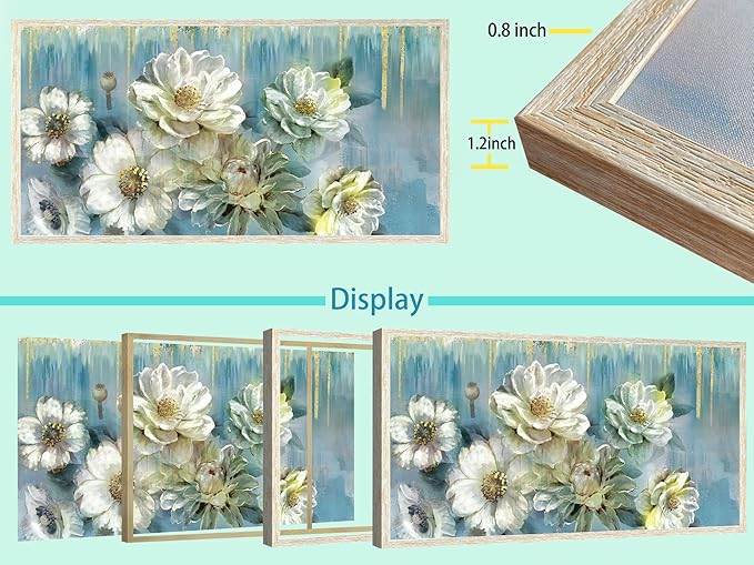 Ardemy Teal Canvas Wall Art Large Framed Magnolia White Floral Pictures Wall Decor Textured Painting Flowers Turquoise Artwork for Living Room Bedroom Dining Room Home Office, 40"x20"